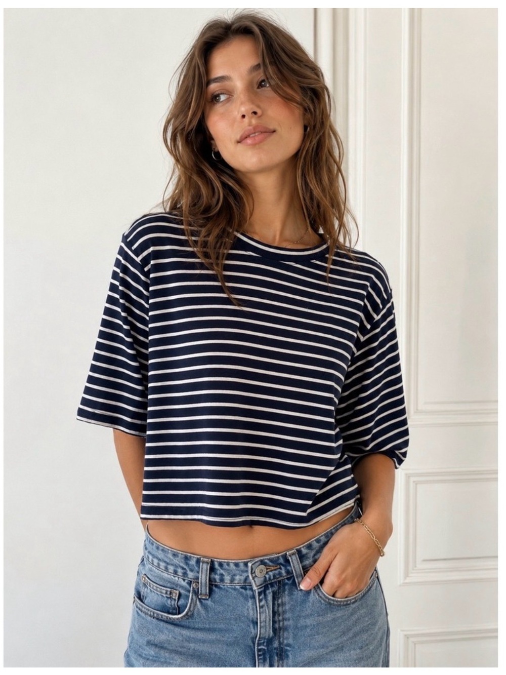 Maeve by Anthropologie Navy and White Striped Cropped Tee